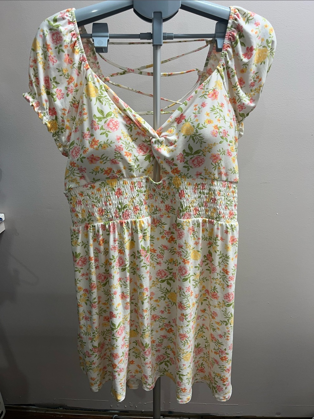 No Boundaries White Floral Smocked Mini Dress with Pink & Yellow Flowers